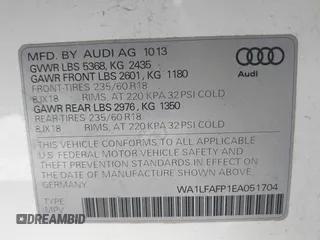2014 Audi Q5 Premium Plus with VIN WA1LFAFP1EA051704, listed as a IAAI auction lot 41725317 with 136,084 mi miles. Bid and sale history available at carsss.com. Image 9.