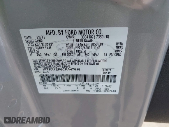 2012 Ford F-150 XL with VIN 1FTFX1EF6CFA47818, listed as a IAAI auction lot 42571569 with 117,995 mi miles and . Bid and sale history available at DreamBid. Image 9.