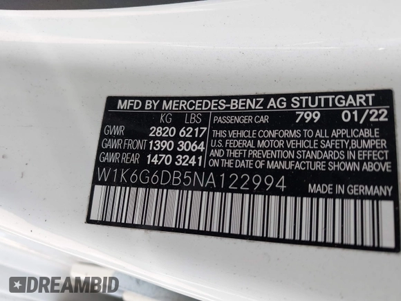2022 Mercedes-Benz S-Class S 500 with VIN W1K6G6DB5NA122994, listed as a IAAI auction lot 41603816 with 1 mi miles. Bid and sale history available at carsss.com. Image 9.