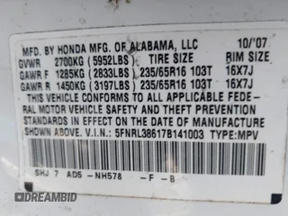 2007 Honda Odyssey EX-L with VIN 5FNRL38617B141003, listed as a IAAI auction lot 39232543 with 195,096 mi miles and . Bid and sale history available at DreamBid. Image 9.