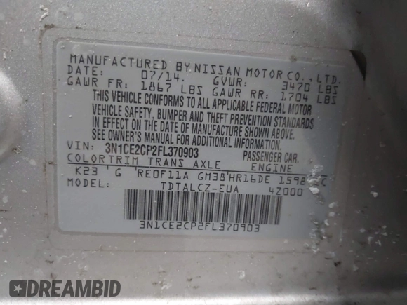 2015 Nissan Note S Plus with VIN 3N1CE2CP2FL370903, listed as a IAAI auction lot 41606993 with 60,672 mi miles and . Bid and sale history available at DreamBid. Image 9.