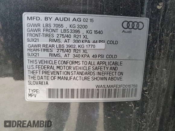 2015 Audi Q7 Premium Plus z VIN WA1LMAFE3FD015758, wystawiony jako Copart lot #48717595 z przebiegiem 139 096 mil mil oraz Szkoda całkowita • Salvage title. Historia ofert i sprzedaży dostępna na DreamBid. Obrazek 13.