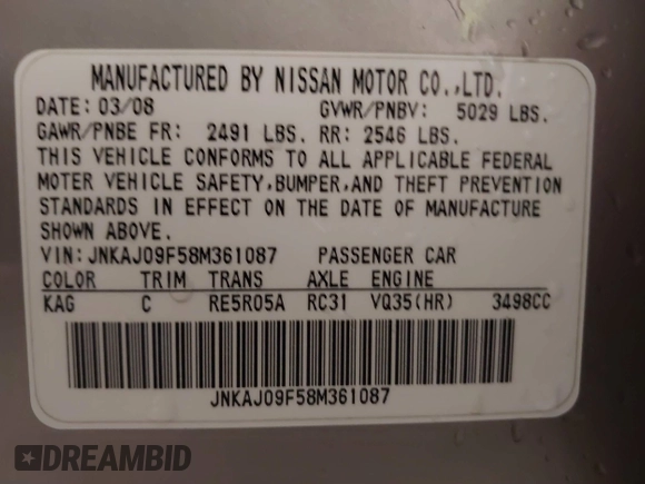 2008 Infiniti EX Journey with VIN JNKAJ09F58M361087, listed as a IAAI auction lot 41656700 with 232,550 mi miles and . Bid and sale history available at DreamBid. Image 9.