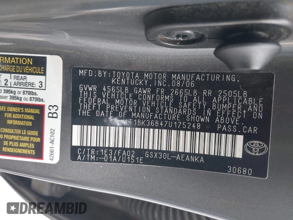 2007 Toyota Avalon XL with VIN 4T1BK36B47U175248, listed as a IAAI auction lot 42126427 with 144,284 mi miles. Bid and sale history available at carsss.com. Image 9.