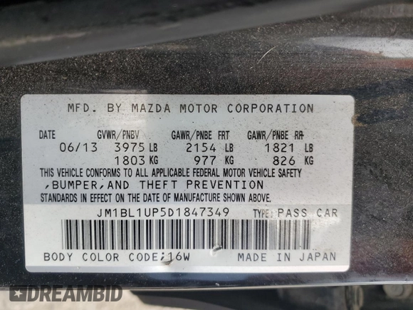 2013 Mazda 3 i Sport with VIN JM1BL1UP5D1847349, listed as a Copart auction lot 61378075 with 157,963 mi miles and Salvage title. Bid and sale history available at DreamBid. Image 12.