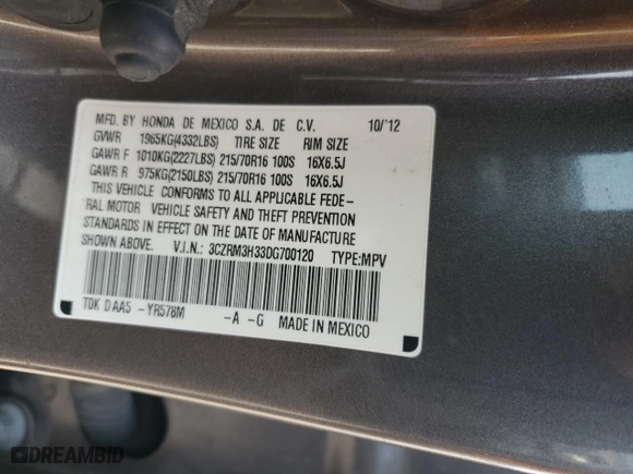 2013 Honda CR-V LX with VIN 3CZRM3H33DG700120, listed as a Copart auction lot 52917745 with 168,370 mi miles and Salvage Title. Bid and sale history available at carsss.com. Image 13.