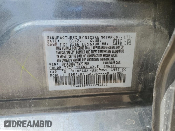 2024 Nissan Sentra S with VIN 3N1AB8BV7RY291866, listed as a Copart auction lot 58578065 with 40,751 mi miles and Salvage title. Bid and sale history available at DreamBid. Image 12.