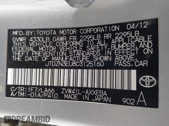 2012 Toyota Prius Two with VIN JTDZN3EU8C3125160, listed as a IAAI auction lot 42171419 with 207,046 mi miles and . Bid and sale history available at DreamBid. Image 9.