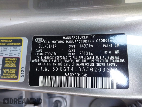 2018 Kia Optima S with VIN 5XXGT4L35JG209561, listed as a IAAI auction lot 42526577 with 161,906 mi miles and . Bid and sale history available at DreamBid. Image 9.