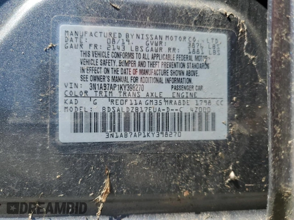 2019 Nissan Sentra SV with VIN 3N1AB7AP1KY398270, listed as a Copart auction lot 52421835 with 9,486 mi miles and Salvage Title. Bid and sale history available at carsss.com. Image 12.