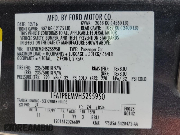 2017 Ford Mustang V6 with VIN 1FATP8EM9H5255950, listed as a Copart auction lot 85610664 with 53,589 mi miles and Salvage Title. Bid and sale history available at carsss.com. Image 12.