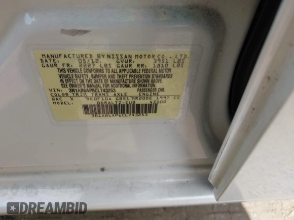 2012 Nissan Sentra SR with VIN 3N1AB6AP6CL743253, listed as a IAAI auction lot 42226124 with 144,769 mi miles and . Bid and sale history available at DreamBid. Image 9.