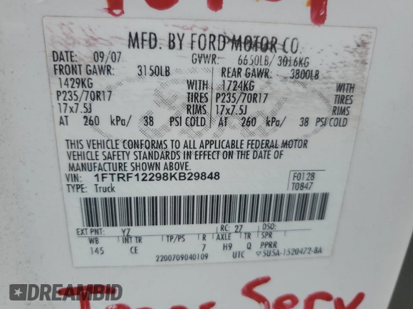 2008 Ford F-150 XL with VIN 1FTRF12298KB29848, listed as a Copart auction lot 84317654 with 252,162 mi miles and Clean Title. Bid and sale history available at carsss.com. Image 12.