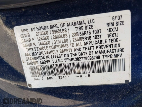2007 Honda Odyssey LX with VIN 5FNRL38277B098798, listed as a IAAI auction lot 41998802 with 205,657 mi miles and . Bid and sale history available at carsss.com. Image 9.