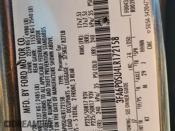 2020 Ford Fusion Titanium with VIN 3FA6P0SU4LR172158, listed as a Copart auction lot 55607325 with 53,766 mi miles and Salvage title. Bid and sale history available at DreamBid. Image 12.