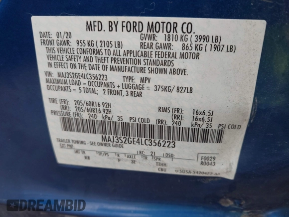 2020 Ford EcoSport SE z VIN MAJ3S2GE4LC356223, wystawiony jako IAAI lot #42312545 z przebiegiem 56 327 mil mil oraz . Historia ofert i sprzedaży dostępna na DreamBid. Obrazek 9.