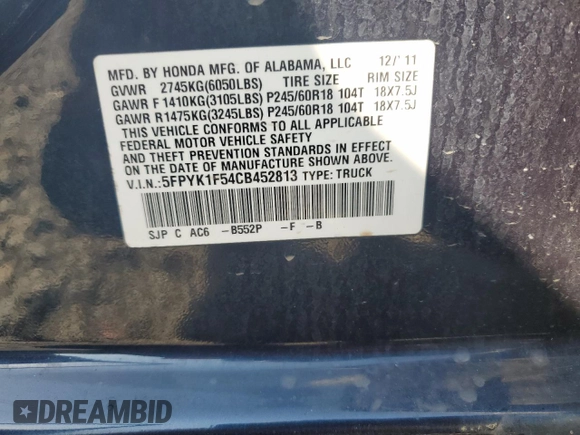 2012 Honda Ridgeline RTL with VIN 5FPYK1F54CB452813, listed as a Copart auction lot 62020825 with 79,176 mi miles and Salvage title. Bid and sale history available at DreamBid. Image 12.