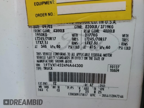 2004 Ford F-150 XL с VIN 1FTVX14524NA44300, выставлен на аукционе Copart как лот 50443655 с пробегом 122 265 миль миль и Чистый • Clean title. История ставок и продаж доступна на DreamBid. Изображение 12.