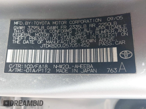 2005 Toyota Prius z VIN JTDKB20U257051452, wystawiony jako IAAI lot #42451660 z przebiegiem 166 106 mil mil oraz . Historia ofert i sprzedaży dostępna na DreamBid. Obrazek 9.