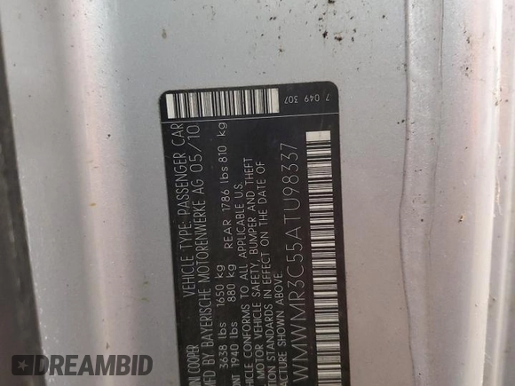2010 MINI Convertible with VIN WMWMR3C55ATU98337, listed as a Copart auction lot 45039425 with Not Provided miles and Clean Title. Bid and sale history available at DreamBid. Image 12.