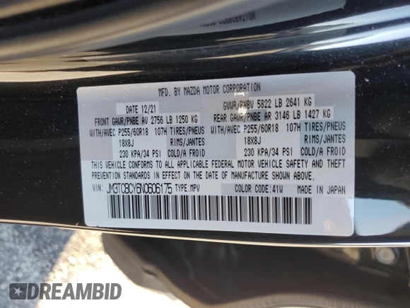 2022 Mazda CX-9 Touring with VIN JM3TCBCY6N0606175, listed as a Copart auction lot 85904894 with Not Provided miles and Salvage Title. Bid and sale history available at carsss.com. Image 15.