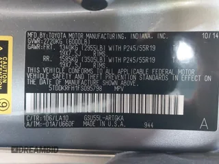 2015 Toyota Highlander Limited with VIN 5TDDKRFH1FS095798, listed as a IAAI auction lot 42656704 with 94,764 mi miles and . Bid and sale history available at DreamBid. Image 9.