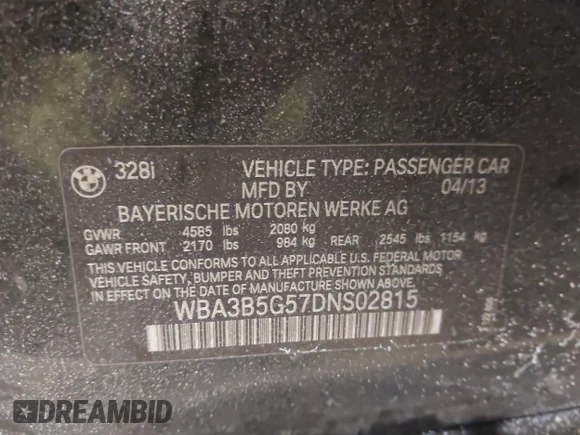 2013 BMW 3 Series 328i xDrive with VIN WBA3B5G57DNS02815, listed as a IAAI auction lot 41643602 with 162,895 mi miles. Bid and sale history available at carsss.com. Image 9.