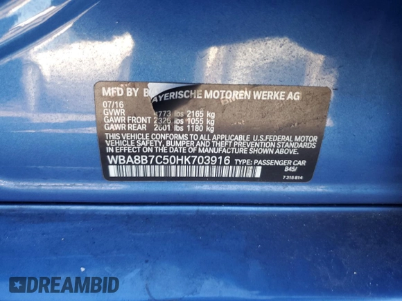 2017 BMW 3 Series 340i xDrive with VIN WBA8B7C50HK703916, listed as a Copart auction lot 44768225 with 34,508 mi miles and Salvage Title. Bid and sale history available at carsss.com. Image 14.