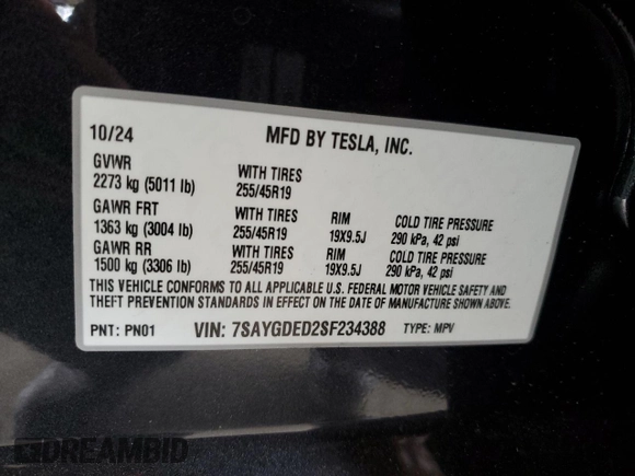 2025 Tesla Model Y Long Range with VIN 7SAYGDED2SF234388, listed as a Copart auction lot 47250965 with 3,702 mi miles and Salvage Title. Bid and sale history available at DreamBid. Image 14.