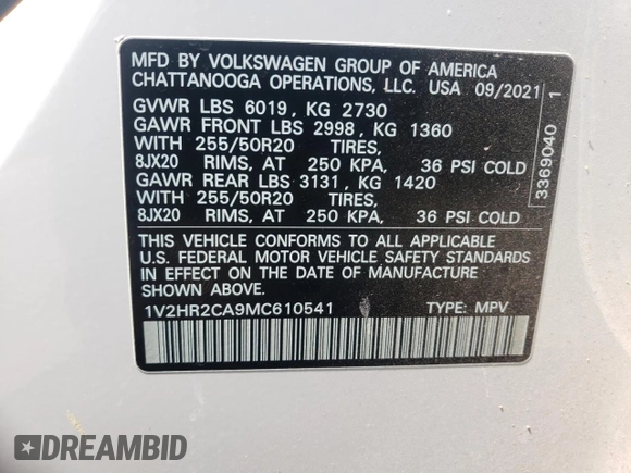 2021 Volkswagen Atlas SE z VIN 1V2HR2CA9MC610541, wystawiony jako Copart lot #60108155 z przebiegiem 29 700 mil mil oraz Szkoda całkowita • Salvage title. Historia ofert i sprzedaży dostępna na DreamBid. Obrazek 13.