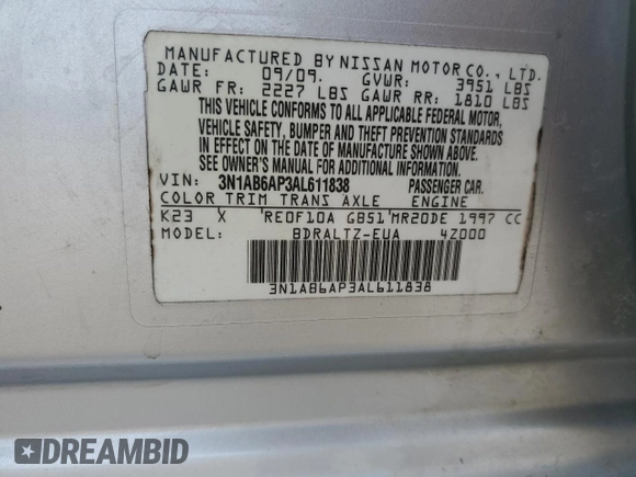 2010 Nissan Sentra 2.0 with VIN 3N1AB6AP3AL611838, listed as a Copart auction lot 56664185 with 193,464 mi miles and Clean title. Bid and sale history available at DreamBid. Image 12.