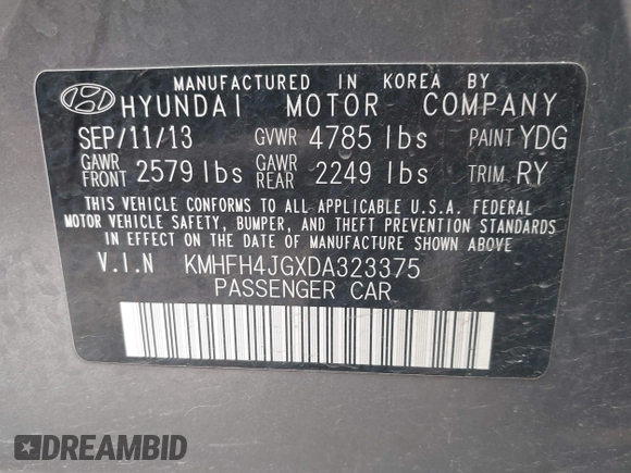 2013 Hyundai Azera с VIN KMHFH4JGXDA323375, выставлен на аукционе IAAI как лот 42221412 с пробегом 111 244 миль миль и . История ставок и продаж доступна на DreamBid. Изображение 9.