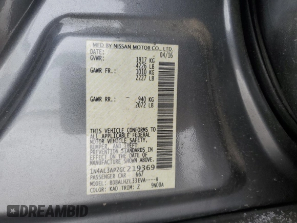 2016 Nissan Altima SR with VIN 1N4AL3AP2GC219369, listed as a Copart auction lot 41933055 with 112,961 mi miles and Salvage Title. Bid and sale history available at carsss.com. Image 14.