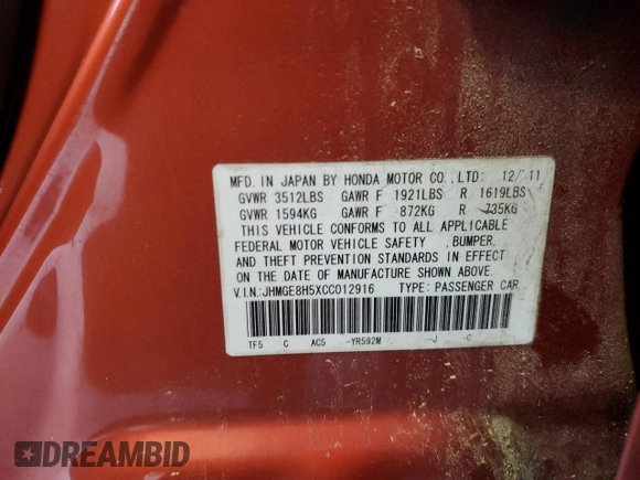 2012 Honda Fit Sport with VIN JHMGE8H5XCC012916, listed as a Copart auction lot 53788355 with 0 mi miles and Salvage Title. Bid and sale history available at carsss.com. Image 14.