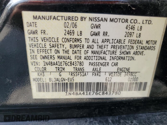 2006 Nissan Maxima SL with VIN 1N4BA41E76C843780, listed as a Copart auction lot 65278135 with 233,179 mi miles and Clean title. Bid and sale history available at DreamBid. Image 12.