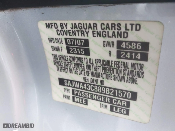 2008 Jaguar XK with VIN SAJWA43C889B21570, listed as a IAAI auction lot 42082547 with 99,783 mi miles. Bid and sale history available at carsss.com. Image 9.
