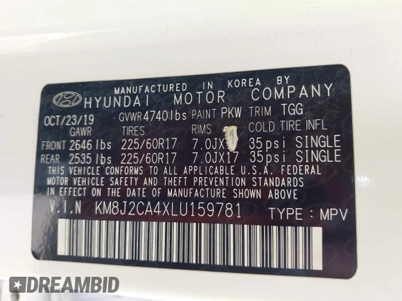 2020 Hyundai Tucson SE z VIN KM8J2CA4XLU159781, wystawiony jako IAAI lot #42170758 z przebiegiem 108 655 mil mil oraz . Historia ofert i sprzedaży dostępna na DreamBid. Obrazek 9.