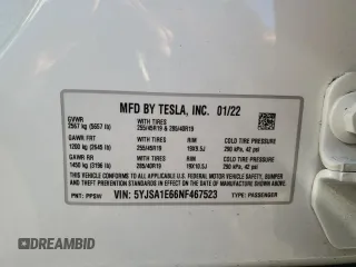 2022 Tesla Model S Plaid with VIN 5YJSA1E66NF467523, listed as a Copart auction lot 49731225 with Not Provided miles and Salvage Title. Bid and sale history available at DreamBid. Image 14.