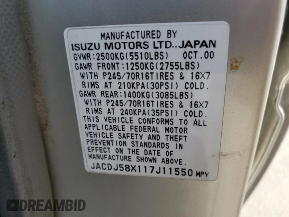 2001 Isuzu Trooper S with VIN JACDJ58X117J11550, listed as a Copart auction lot 46323185 with 236,762 mi miles and Salvage title. Bid and sale history available at DreamBid. Image 16.