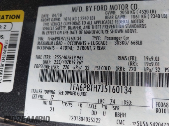 2018 Ford Mustang EcoBoost with VIN 1FA6P8TH7J5160134, listed as a IAAI auction lot 42514286 with 78,467 mi miles and . Bid and sale history available at DreamBid. Image 9.