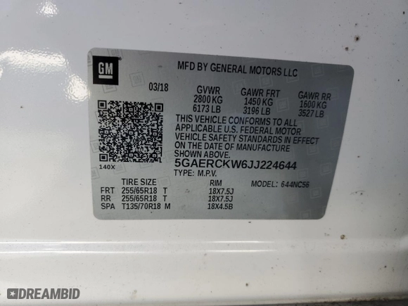 2018 Buick Enclave Premium with VIN 5GAERCKW6JJ224644, listed as a Copart auction lot 48723555 with 0 mi miles and Salvage Title. Bid and sale history available at carsss.com. Image 13.
