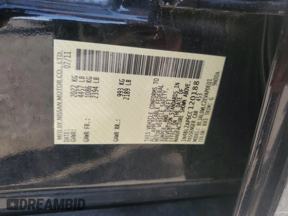 2012 Nissan Altima SR with VIN 1N4BL2AP6CC120188, listed as a Copart auction lot 65545315 with 87,200 mi miles and Salvage title. Bid and sale history available at DreamBid. Image 12.