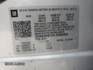 2020 Chevrolet Equinox LS z VIN 3GNAXHEV0LS686404, wystawiony jako Copart lot #58276075 z przebiegiem Nie podano mil oraz Nie do naprawy • Non repairable. Historia ofert i sprzedaży dostępna na DreamBid. Obrazek 13.