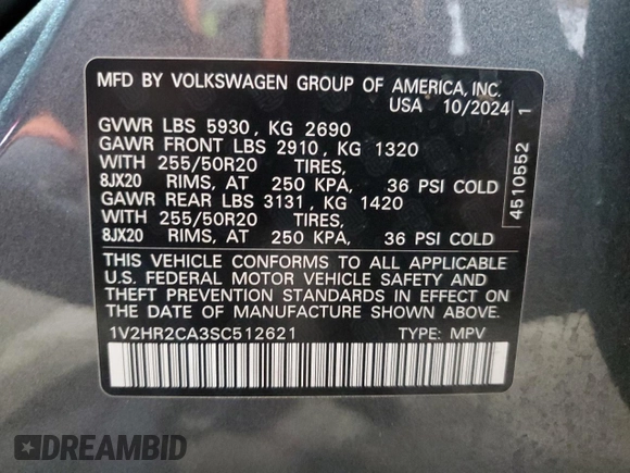 2025 Volkswagen Atlas SE with VIN 1V2HR2CA3SC512621, listed as a Copart auction lot 60779105 with 13,500 mi miles and Clean title. Bid and sale history available at DreamBid. Image 13.