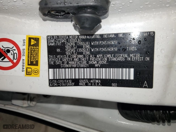 2015 Toyota Highlander LE with VIN 5TDBKRFH8FS198921, listed as a Copart auction lot 50288535 with 95,639 mi miles and Salvage Title. Bid and sale history available at carsss.com. Image 14.