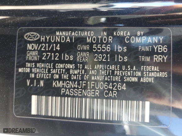 2015 Hyundai Genesis 5.0L with VIN KMHGN4JF1FU064264, listed as a Copart auction lot 45458375 with 113,715 mi miles and Salvage Title. Bid and sale history available at carsss.com. Image 14.