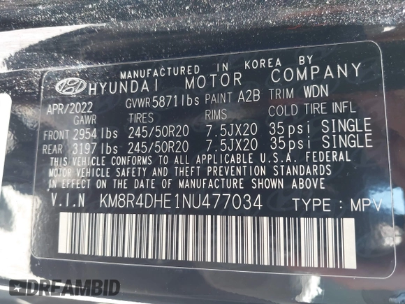 2022 Hyundai Palisade SEL с VIN KM8R4DHE1NU477034, выставлен на аукционе IAAI как лот 42243297 с пробегом 56 962 миль миль и . История ставок и продаж доступна на DreamBid. Изображение 9.