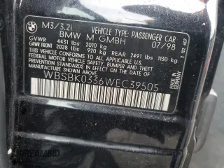 1998 BMW 3 Series M3 with VIN WBSBK0336WEC39505, listed as a Copart auction lot 87917375 with 184,664 mi miles and Salvage Title. Bid and sale history available at carsss.com. Image 12.