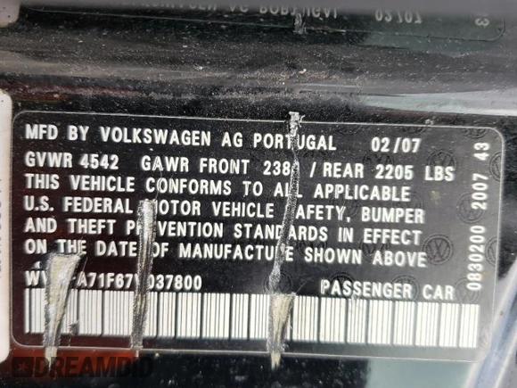 2007 Volkswagen Eos 2.0T with VIN WVWFA71F67V037800, listed as a Copart auction lot 83489074 with 114,727 mi miles and Salvage Title. Bid and sale history available at DreamBid. Image 15.