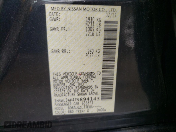 2015 Nissan Altima SL z VIN 1N4AL3AP4FN894143, wystawiony jako Copart lot #57424005 z przebiegiem 79 896 mil mil oraz Szkoda całkowita • Salvage title. Historia ofert i sprzedaży dostępna na DreamBid. Obrazek 13.